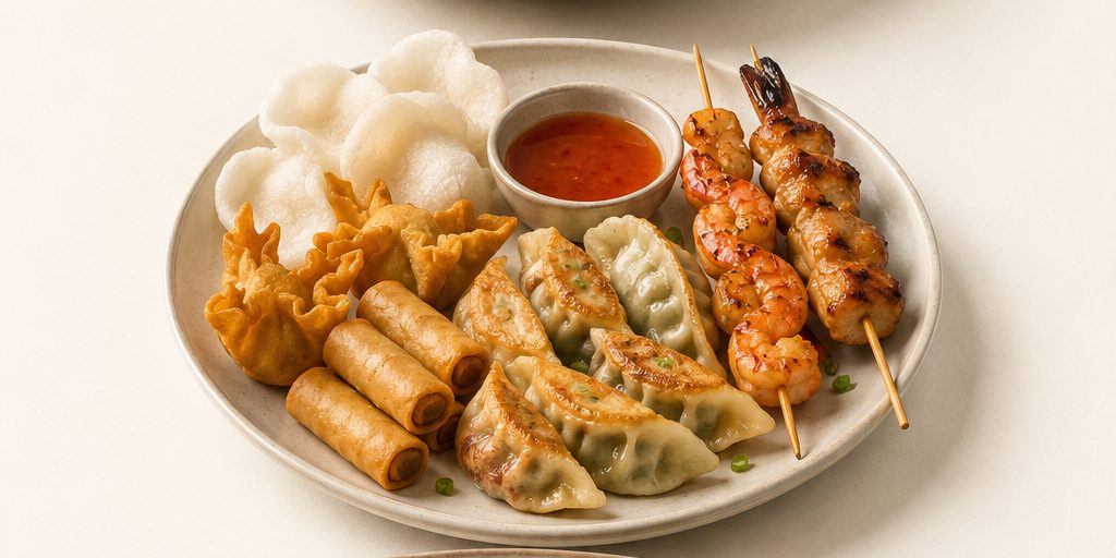 Gemischte Vorspeisenplatte mit Gyoza, Frühlingsrollen und Spießen