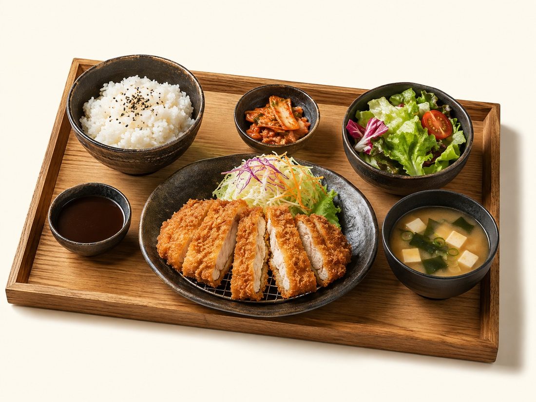 Bento-Box mit knusprig paniertem Hühnerbrust, Reis, Kimchi, Salat und Miso-Suppe