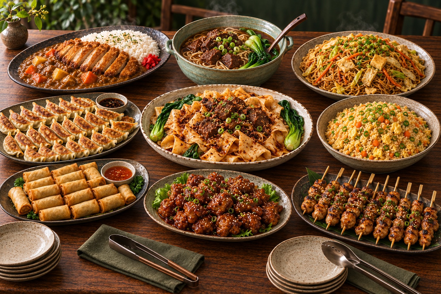 Asiatisches Buffet auf großen Keramikplatten: japanisches Curry, Rindfleischnudeln, Biang-Biang-Nudeln, gebratene Nudeln und Reis, Gyoza, Mini-Frühlingsrollen, Soy-Garlic-Chicken und Yakitori